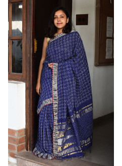 Blue, Handwoven Organic Cotton, Textured Weave , Tie & dye, Occasion Wear, Jari, Rai Bandhani Saree